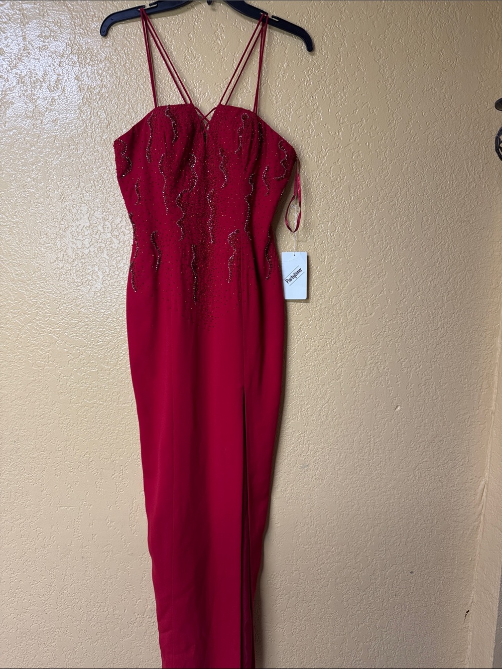 Party Time Formals Red Beaded Strapless Evening Gown